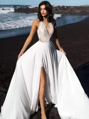 Sexy Boho Wedding Dress Beach Bridal Gown Deep V Neck See Through High Slit Chiffon Summer Bride Dresses Vestido De Noiva