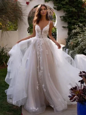 VENSANAC Boho Spaghetti Straps Tulle A Line Wedding Dress Appliques Deep V Neck Court Train Bridal Gown
