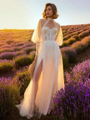 SoDigne Boho Ivory Wedding Dress Side Split Beach Bridal Dress High Neck Long Sleeves Lace Tulle Women Wedding Gowns Customized