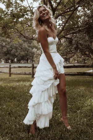 Detachable Skirt Ruffled Lace Boho Bridal Gowns Strapless Sweetheart High Low Cute Customized Irregular Plus Size Wedding Dress