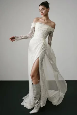 Customized Off Shoulder Ruched Crochet Lace Lining Wedding Dress Sheath Leg Opening Plus Size Long Sleeves Soft Bridal Gowns