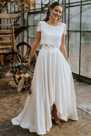 ZJ6054 Customized Two Pieces Wedding Dresses 2024 Lace Top Short Sleeve Bridal Gown Jewel Neck Beach Wedding