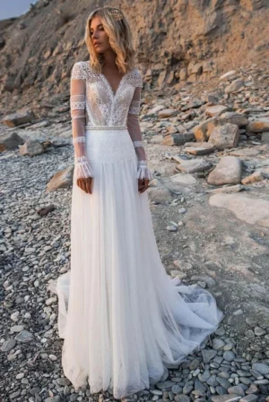 LORIE Beach Bohemian Wedding Dresses V Neck Long Sleeves Lace Appliques Dream Bridal Gowns Boho A Line Princess Gowns Customized