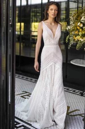 Deep V Neck Lace Boho Mermaid Wedding Bridal Dress Customized 2023 Backless Garden Beach Photography Bride Gowns with Train