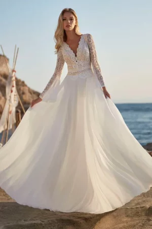 Customized Bohemian A Line Chiffon Wedding Dresses 2025 V Neck Elegant Long Sleeve Lace Applique Backless For Women  Bridal Gown