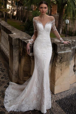 Sexy Mermaid Wedding Dress Customized Illuion Applique Long Sleeves V Neck Court Train Lace Bridal Gown Abiti Da Sposa