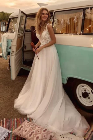 DREAM Boho Customized Wedding Dress V-Neck A-Line Vintage Lace Bridal Gowns Sweep Train Vestido De Novia Robe De Mariée 2025
