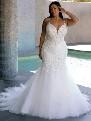 Spaghetti Straps Wedding Dresses Women Plus Size Tulle V-Neck Trumpet Bride Gown Lace Applique Sweep Train Vestidos PSL980018
