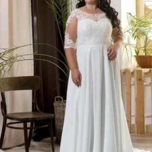 Graceful A Line Wedding Dresses For Women Charming Appliques Lace Bride Gowns Generous O Neck Half Sleeve Vestidos De Novia Boda