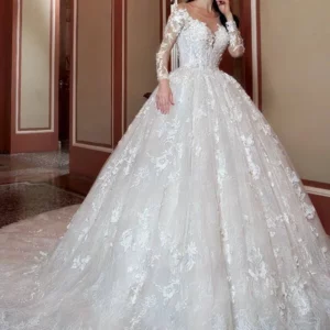 Fmogl Sexy Illusion Long Sleeve Lace Ball Gown Wedding Dresses Elegant Appliques Beaded Chapel Train Vintage Bridal Gowns