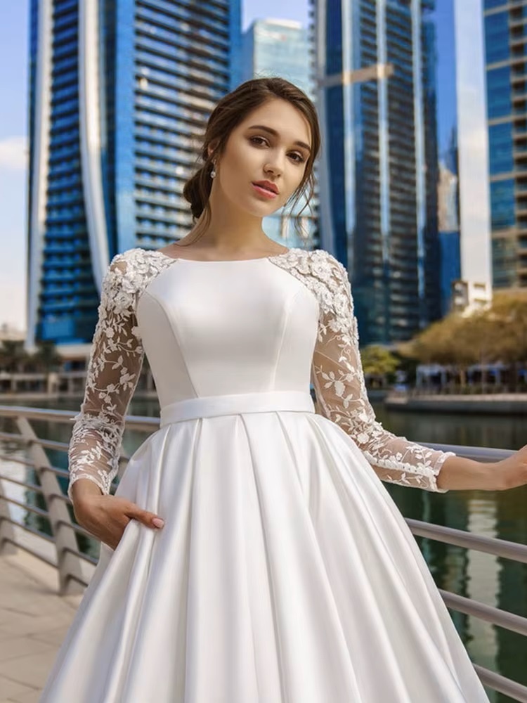 SoDigne Dubai Modest Wedding Dresses Lace Long Sleeve Satin Bride Dress With Belt Women Elegant Wedding Party Gowns Customized 3 SoDigne Dubai Modest Wedding Dresses Lace Long Sleeve Satin Bride Dress With Belt Women Elegant Wedding Party Gowns Customized - Obrázek 3