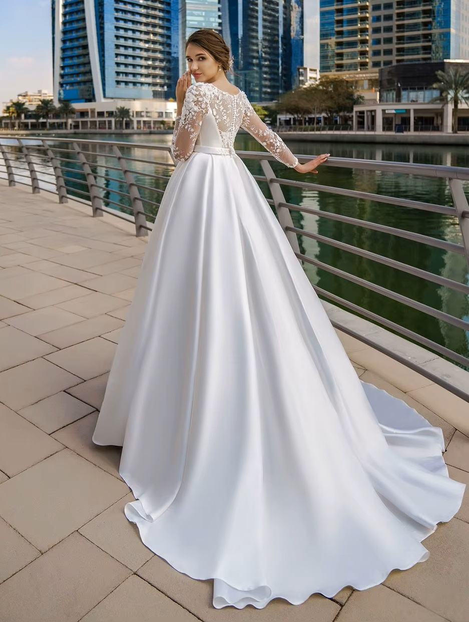 SoDigne Dubai Modest Wedding Dresses Lace Long Sleeve Satin Bride Dress With Belt Women Elegant Wedding Party Gowns Customized 2 SoDigne Dubai Modest Wedding Dresses Lace Long Sleeve Satin Bride Dress With Belt Women Elegant Wedding Party Gowns Customized - Obrázek 2