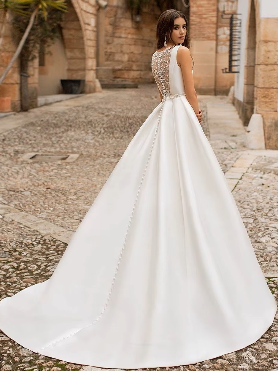 SoDigne Satin Princess Wedding Dresses Scoop Neck Pockets Bride Dresses Buttons Country Elegant Wedding Gowns Customized 2 SoDigne Satin Princess Wedding Dresses Scoop Neck Pockets Bride Dresses Buttons Country Elegant Wedding Gowns Customized - Obrázek 2