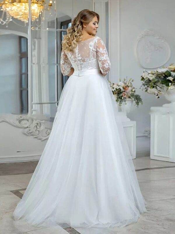 Vintage O-Neck Wedding Dresses Plus Size 3/4 Sleeves Bride Gowns Back Button Appliques A-Line Floor Length Tulle Robe De Mariée - Obrázek 2