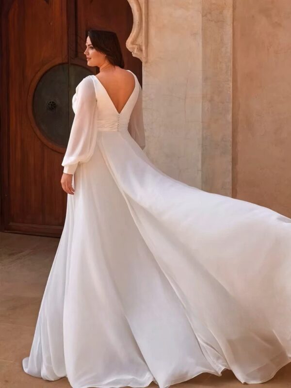 Simple Wedding Dresses Plus Size Deep V Neck Long Sleeves Bride Gowns Back Button Sweep Train A-Line Vestido De Noiva 2024 - Obrázek 2