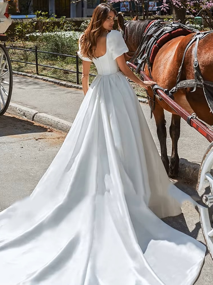 SoDigne Boho Satin A-Line Wedding Dress 2022 Elegant Short Puff Sleeves Square Neck Women Princess Bridal Gown Customized 2 SoDigne Boho Satin A-Line Wedding Dress 2022 Elegant Short Puff Sleeves Square Neck Women Princess Bridal Gown Customized - Obrázek 2