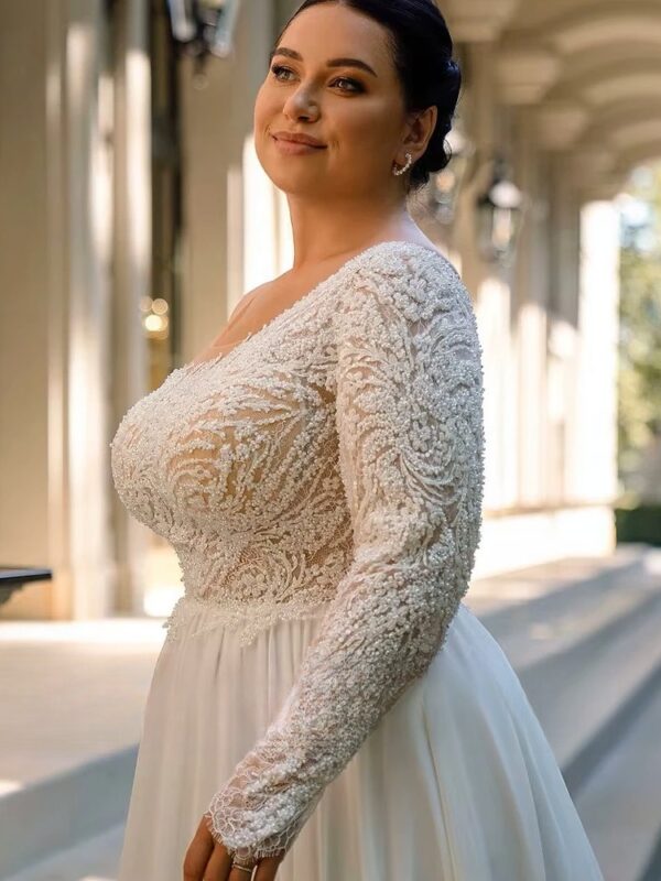 Customized Chiffon Wedding Dresses Plus Size O Neck One Shoulder Bride Gowns Applique Floor Length Front Slit A-Line Robe De - Obrázek 3