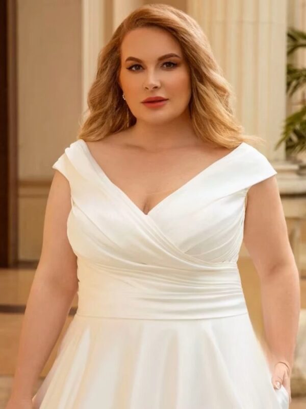 Elegant Wedding Dress For Women Plus Size Satin V-Neck Off The Shoulder Bride Gown Lace Up Sweep Train A-Line Robe De Mariée - Obrázek 3
