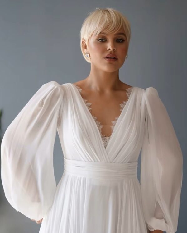 Customized Plus Size Wedding Dresses with Chiffon V Neck Full Sleeve Bridal Gowns for Women New Summer Vestido De Novia New - Obrázek 3