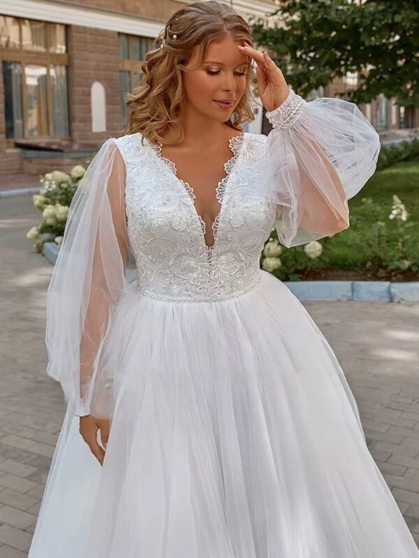 Pastroal Plus Size Wedding Dresses For Bride V-Neck Puff Sleeves Bride Gown Lace Applique Sweep Train A-Line Robe De Mariée - Obrázek 4
