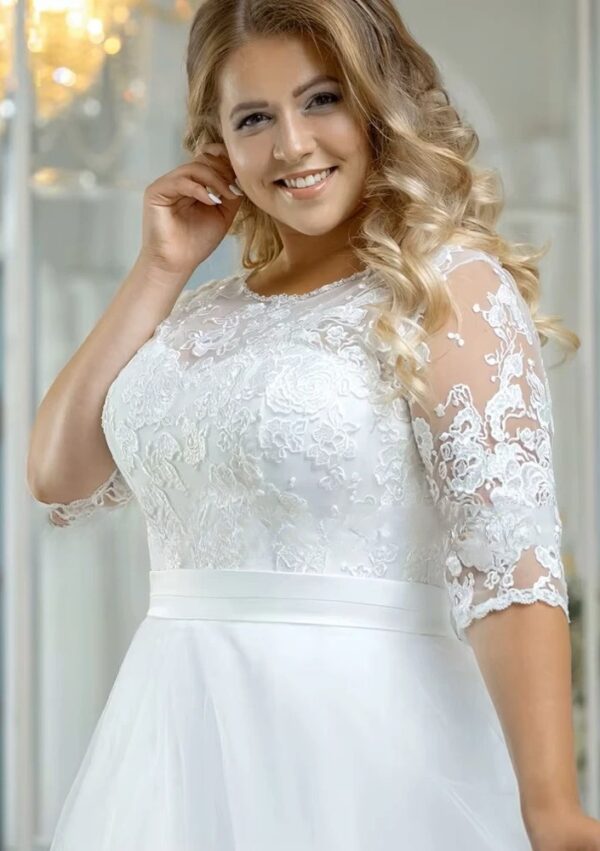 Vintage O-Neck Wedding Dresses Plus Size 3/4 Sleeves Bride Gowns Back Button Appliques A-Line Floor Length Tulle Robe De Mariée - Obrázek 4