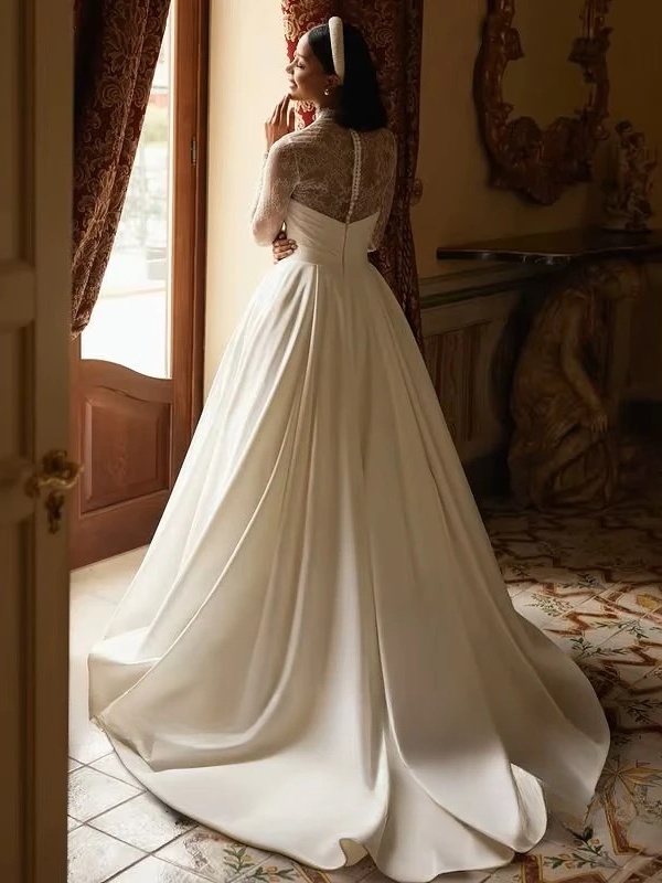 SoDigne A-line Satin/Lace Wedding Dress Full Sleeves High Neck Bride Dresses Women Bridal Gowns vestidos de novia Customized 2 SoDigne A-line Satin/Lace Wedding Dress Full Sleeves High Neck Bride Dresses Women Bridal Gowns vestidos de novia Customized - Obrázek 2