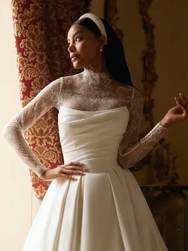 SoDigne A-line Satin/Lace Wedding Dress Full Sleeves High Neck Bride Dresses Women Bridal Gowns vestidos de novia Customized 3 SoDigne A-line Satin/Lace Wedding Dress Full Sleeves High Neck Bride Dresses Women Bridal Gowns vestidos de novia Customized - Obrázek 3
