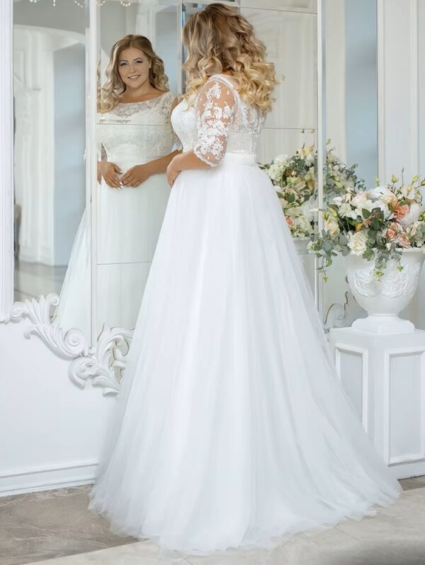 Vintage O-Neck Wedding Dresses Plus Size 3/4 Sleeves Bride Gowns Back Button Appliques A-Line Floor Length Tulle Robe De Mariée - Obrázek 3