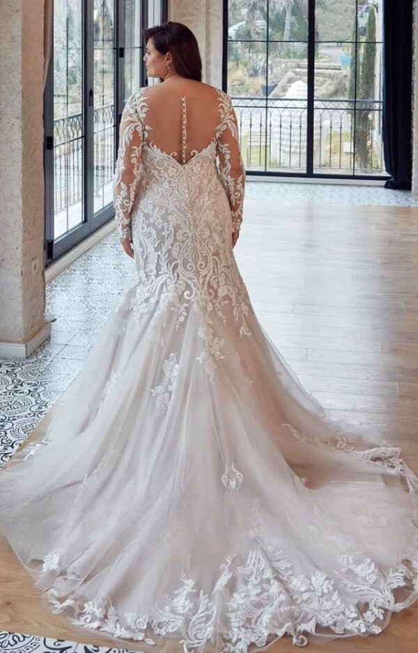 Mermaid Wedding Dresses Plus Size V Neck Long Sleeves Bride Gowns Lace Appliques Sweep Train Tulle Vestido De Noiva PSL98003 - Obrázek 2
