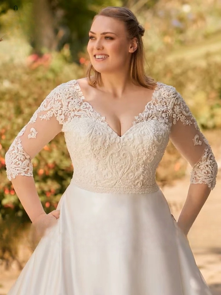 Classic Wedding Dresses 2023 Plus Size V-Neck 3/4 Sleeves Bride Gowns Back Lace-up Lace Applique A-Line Satin Robe De Mariage 2 Classic Wedding Dresses 2023 Plus Size V-Neck 3/4 Sleeves Bride Gowns Back Lace-up Lace Applique A-Line Satin Robe De Mariage - Obrázek 2