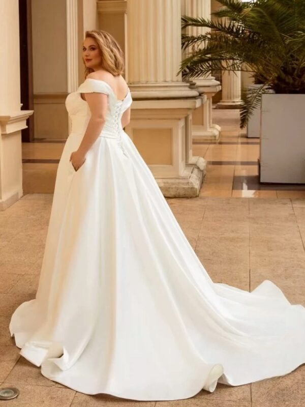 Elegant Wedding Dress For Women Plus Size Satin V-Neck Off The Shoulder Bride Gown Lace Up Sweep Train A-Line Robe De Mariée - Obrázek 2