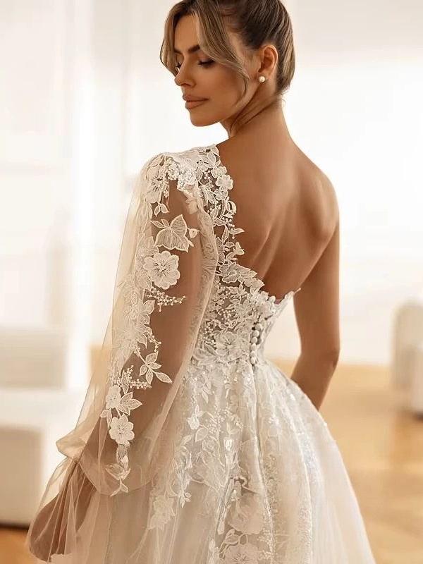 SoDigne A-line Tulle Appliques Wedding Dresses One Shloudler Split Bridal Dress Long Wedding Gown Robe De Mairee Customized  3 SoDigne A-line Tulle Appliques Wedding Dresses One Shloudler Split Bridal Dress Long Wedding Gown Robe De Mairee Customized  - Obrázek 3