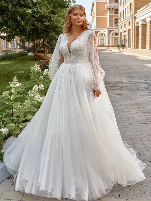 Pastroal Plus Size Wedding Dresses For Bride V-Neck Puff Sleeves Bride Gown Lace Applique Sweep Train A-Line Robe De Mariée - Obrázek 2