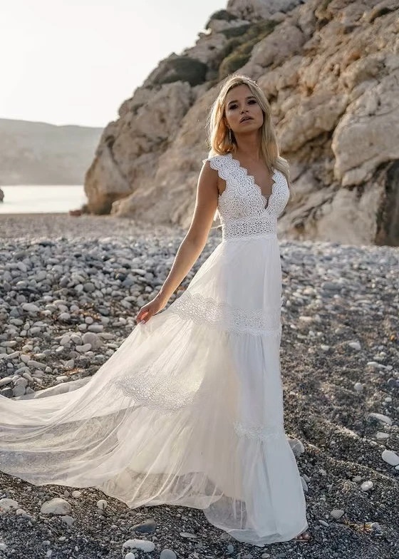 SoDigne A-line Boho Wedding Dresses V-neck Sleeveless Lace/Tulle Bridal Dress Beach Long Wedding Gown Robe De Mairee Customized 2 SoDigne A-line Boho Wedding Dresses V-neck Sleeveless Lace/Tulle Bridal Dress Beach Long Wedding Gown Robe De Mairee Customized - Obrázek 2