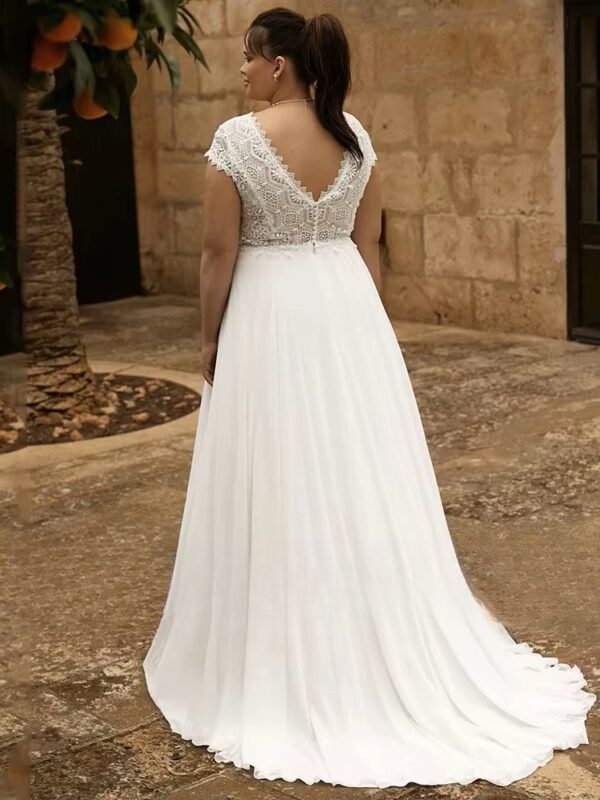 Customized Lace Wedding Dresses Plus Size V Neck Short Sleeves Backless Bride Gowns Sweep Train A-Line Chiffon Vestido De Noiva - Obrázek 2