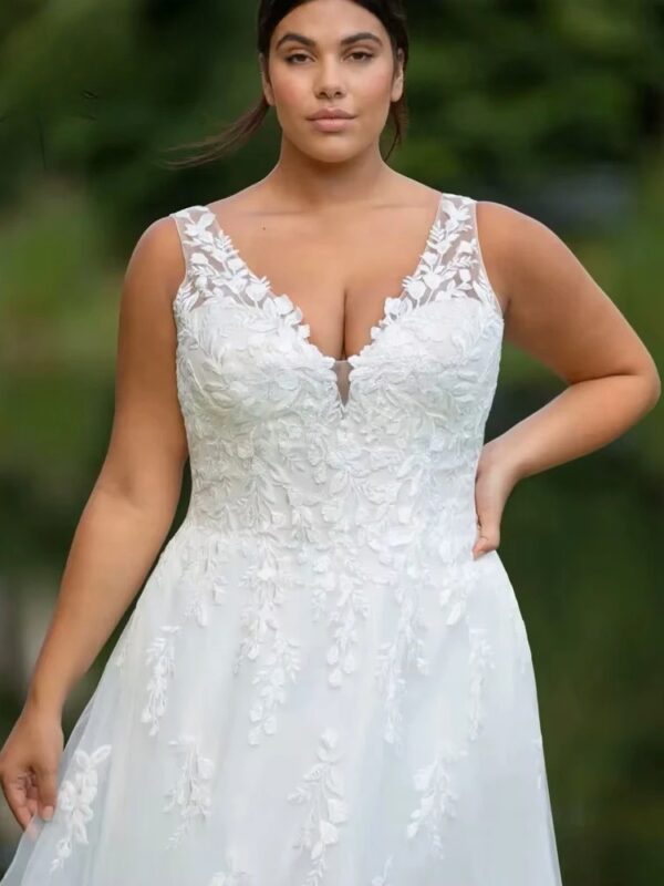 Pastrol Wedding Dresses Plus Size V Neck Sleeveless Tulle Bride Gowns for Woman Appliques Sweep Trian A-Line Robe De Mariee 2025 - Obrázek 3