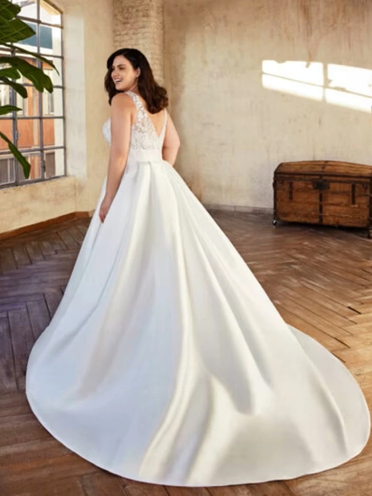 Classic Satin A-Line Wedding Dresses Plus Size V-Neck Sleeveless Bride Gowns Women 2023 Empire Sweep Train Vestido De Noiva 2 Classic Satin A-Line Wedding Dresses Plus Size V-Neck Sleeveless Bride Gowns Women 2023 Empire Sweep Train Vestido De Noiva - Obrázek 2