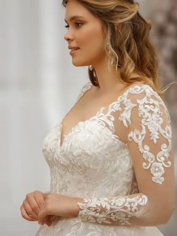 Pastrol Customized Wedding Dresses V Neck Bride Gowns Lace Appliques Back Lace Up Tulle A-Line Sweep Train Vestidos De Novia - Obrázek 3