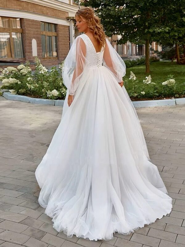 Pastroal Plus Size Wedding Dresses For Bride V-Neck Puff Sleeves Bride Gown Lace Applique Sweep Train A-Line Robe De Mariée - Obrázek 3