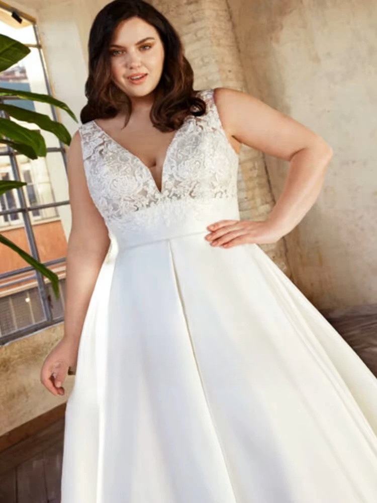 Classic Satin A-Line Wedding Dresses Plus Size V-Neck Sleeveless Bride Gowns Women 2023 Empire Sweep Train Vestido De Noiva 3 Classic Satin A-Line Wedding Dresses Plus Size V-Neck Sleeveless Bride Gowns Women 2023 Empire Sweep Train Vestido De Noiva - Obrázek 3