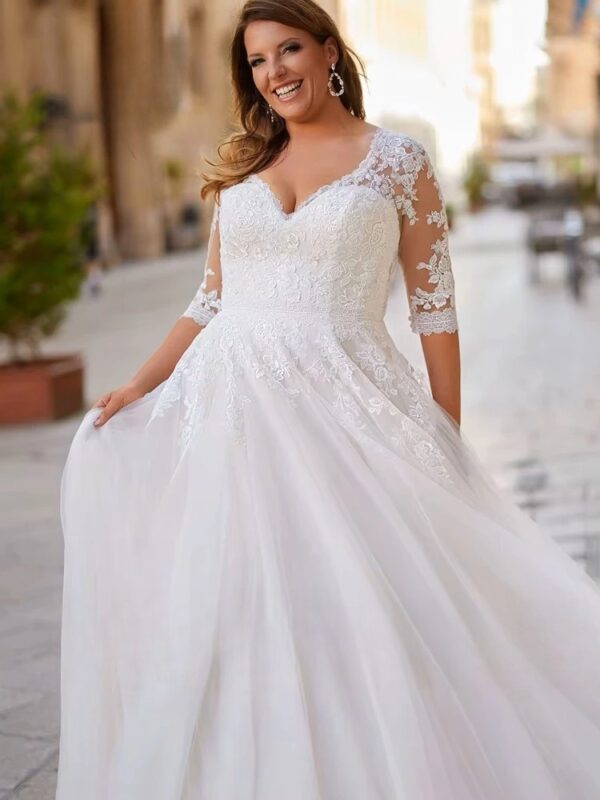 Elegant Tulle Wedding Dresses Plus Size V Neck 3/4 Sleeves Bride Gowns Back Lace Up Sweep Train A-Line Vestido De Noiva 2025 - Obrázek 3