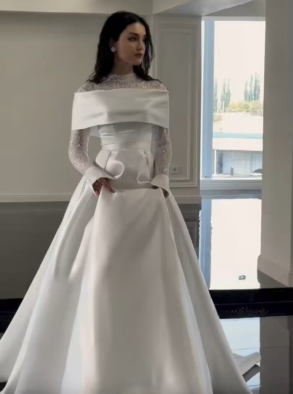 SoDigne A-line Satin Wedding Dresses High Neck Full Sleeves Bridal Dress Beading Long Wedding Gown Robe De Mairee Customized 2 SoDigne A-line Satin Wedding Dresses High Neck Full Sleeves Bridal Dress Beading Long Wedding Gown Robe De Mairee Customized - Obrázek 2