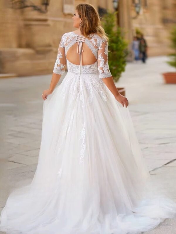 Elegant Tulle Wedding Dresses Plus Size V Neck 3/4 Sleeves Bride Gowns Back Lace Up Sweep Train A-Line Vestido De Noiva 2025 - Obrázek 2