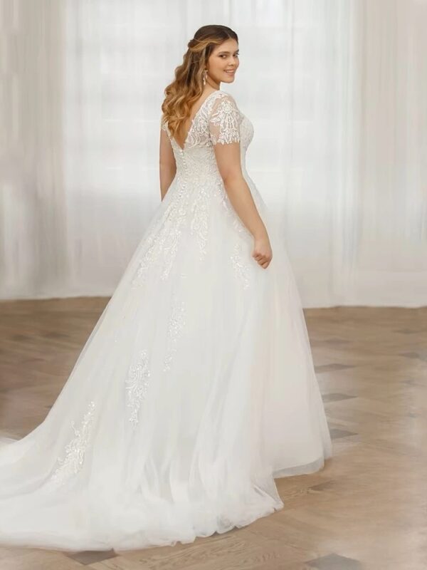 Customized Wedding Dresses Plus Size V-Neck Short Sleeves Bride Gowns Lace Applique A-Line Tulle Sweep Train Robe De Mariée - Obrázek 2