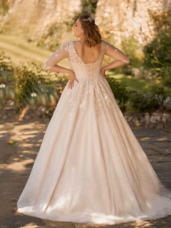 Customized Wedding Dresses Plus Size V Neck 3/4 Sleeves Bride Gowns Appliques Lace up Sweep Train Tulle A-Line Robe De PSL98009 - Obrázek 2