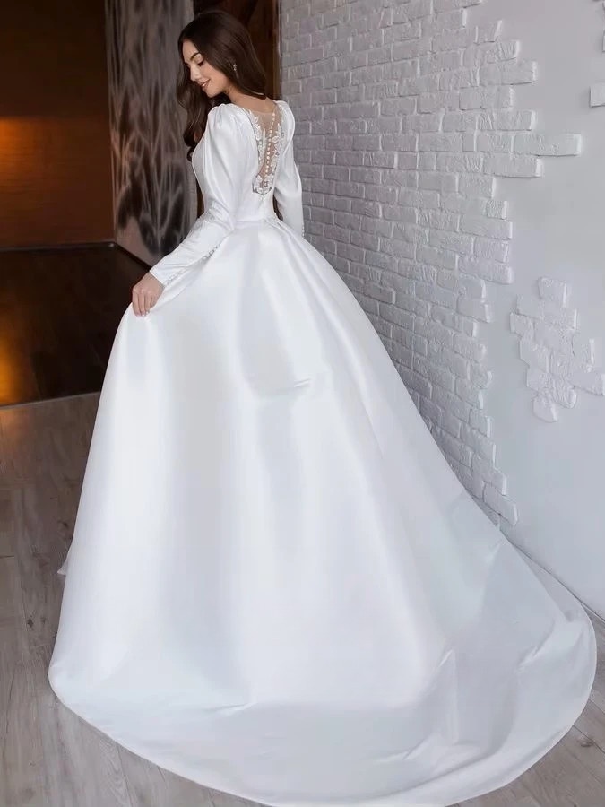 SoDigne A-line Satin Simple Wedding Dresses O-neck Full Sleeves Appliques Bridal Dress Long Bridal Gown 2025 Customized 2 SoDigne A-line Satin Simple Wedding Dresses O-neck Full Sleeves Appliques Bridal Dress Long Bridal Gown 2025 Customized - Obrázek 2