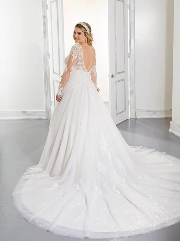 Exquisite Wedding Dresses Plus Size V-Neck Long Sleeves Empire Bride Gowns Lace Applique Sweep Train A-Line Robe De Mariée 2023 - Obrázek 2