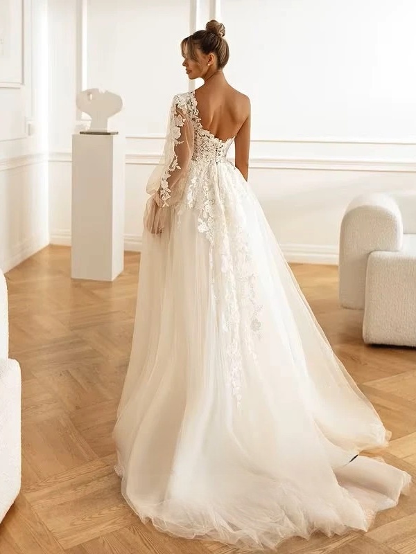 SoDigne A-line Tulle Appliques Wedding Dresses One Shloudler Split Bridal Dress Long Wedding Gown Robe De Mairee Customized  2 SoDigne A-line Tulle Appliques Wedding Dresses One Shloudler Split Bridal Dress Long Wedding Gown Robe De Mairee Customized  - Obrázek 2