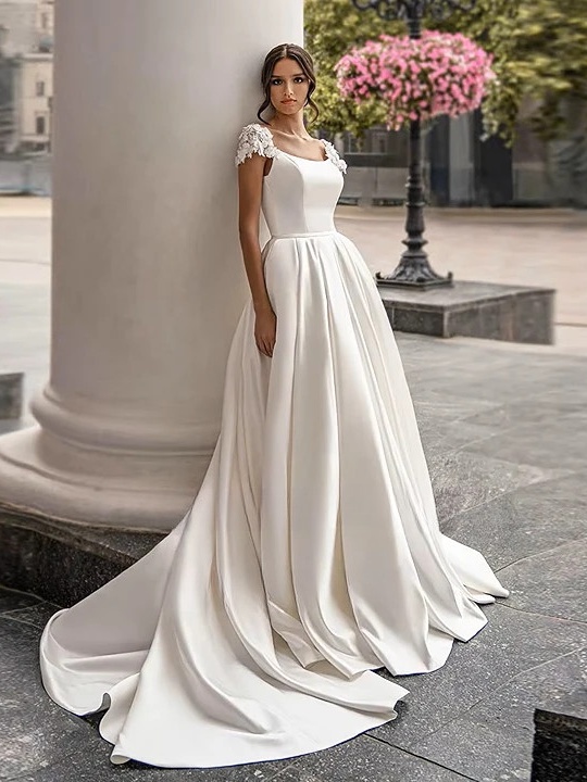 SoDigne Satin Wedding Dress For Women Elegant Cap Sleeves Scoop Neck Flowers Women A-Line Bridal Gown With Pockets Customized 3 SoDigne Satin Wedding Dress For Women Elegant Cap Sleeves Scoop Neck Flowers Women A-Line Bridal Gown With Pockets Customized - Obrázek 3