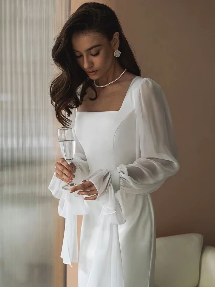 SoDigne Simple Wedding Dresses Square Neck Puff Sleeves Bodycon Satin Bride Dresses Vintage Bridal Gown Floor length Customized 4 SoDigne Simple Wedding Dresses Square Neck Puff Sleeves Bodycon Satin Bride Dresses Vintage Bridal Gown Floor length Customized - Obrázek 4